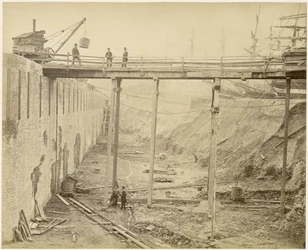 Budowa rozbudowanego basenu Limehouse, Londyn, maj 1869