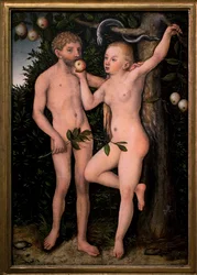 Adam i Ewa. Obraz Lucasa Cranacha Starszego (1472-1553), około 1538. Sztuka flamandzka, XVI wiek. Galeria Narodowa, Pałac Sternberga, Praga (Republika Czeska).