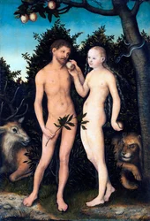 „Adam i Ewa w raju”, obraz Lucasa Cranacha starszego (1472-1553), 1531, Staatliche Museen zu Berlin, Niemcy, ©DeAgostini/Leemage