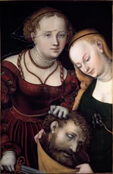 Judyta z służącą i głową Holoferna Obraz Lucasa Cranacha Starszego (1472-1553) 1530 nd. 77x52,5 cm Wiedeń, Kunsthistorisches Museum - Judyta z głową Holofernesa i służącym. Olej na drewnie 77 x 52,5 cm