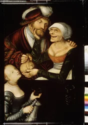 "Nabywca" Bezzębny stary alfons bierze portfel klienta w zamian za rozmowę z prostytutką. Obraz Lucasa Cranacha Starszego (1472-1553) około 1530 r. Państwowe Muzeum Sztuki Gruzińskiej, Tiflis (Tbilisi) Gruzja