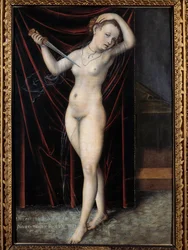 Lukrecja odbiera sobie życie. Samobójstwo Lukrecji, rzymskiej damy z VI wieku p.n.e. Obraz Lucasa Cranacha (1472-1553), XVI wiek. Besançon, Muzeum Sztuk Pięknych
