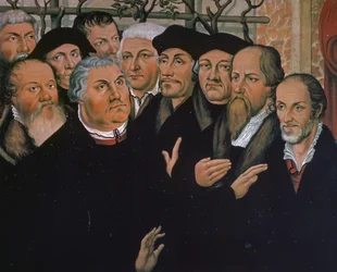 Marcin Luter z przedstawicielami reformacji protestanckiej, po prawej Melanchton, pośrodku Erazm z Rotterdamu, fragment Wskrzeszenia Łazarza, obraz Lucasa Cranacha Starszego (1472-1553)