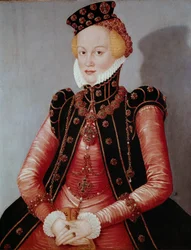 Portret damy Młoda kobieta bogato ubrana, ubrana w kapelusz i biżuteryjne wykończenie. Obraz Lucasa Cranacha Starszego (1472-1553), wym. 87 x 69 cm Monachium Alte Pinakothek