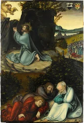 Agonia w ogrodzie — Cranach, Lucas Starszy (1472-1553). Olej na drewnie, ok. 1540. Wymiary: 86,5x58,5 cm. Muzeum Kunstpalast, Düsseldorf
