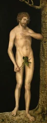 Upadek człowieka: Adam - Lucas Cranach, starszy (1472-1553). Olej na drewnie, ok. 1510-1520. Wymiar : 137x54 cm. Muzeum Historii Sztuki, Wiedeń