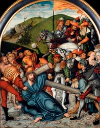 Wejście na Obraz Kalwarii Lucasa Cranacha Starszego (1472-1553). 1538. wym. 107x84 cm Wiedeń. Muzeum Historii Sztuki