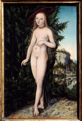 Wenus stojąca w krajobrazie. Obraz Lucasa Cranacha Starszego (1472-1553), 1529, olej na drewnie, wymiary 0,38 x 0,25 m