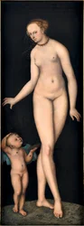 Wenus z Kupidynem, złodziejem miodu, autorstwa Cranacha, Lucasa Starszego (1472-1553). Olej na drewnie, po 1537. Wymiar: 175,4x66,3 cm. Germanisches Nationalmuseum, Norymberga