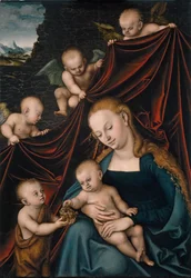 „Madonna i Dzieciątko ze św. Janem Chrzcicielem w otoczeniu aniołów” (Dziewica z Dzieciątkiem ze św. Janem i Aniołami) Obraz Lucasa Cranacha Starszego (1472-1553) 1536 Dim 121,3x83,4 cm Museo del Prado , Madryt