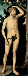 „Adam” Obraz Lucasa Cranacha II młodszego (1515-1586) po 1537 wym. 171 x 63 cm Niemcy Państwowe Zbiory Sztuki w Dreźnie