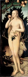 "Ewa" Obraz Lucasa Cranacha II młodszego (1515-1586) po 1537 wym. 171 x 63 cm Niemcy Państwowe Zbiory Sztuki w Dreźnie