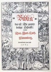 Strona tytułowa, z delikatną bordiurą obrazkową z „Biblia, das ist: Całe pismo święte: niemiecki”, przekład Marcina Lutra, 1560-1561