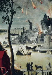 Lot i jego córki, szczegół zniszczenia Sodomy (olej na desce, ok. 1517)