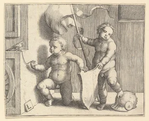 Dwoje nagich dzieci podtrzymujących pustą tarczę, około 1510