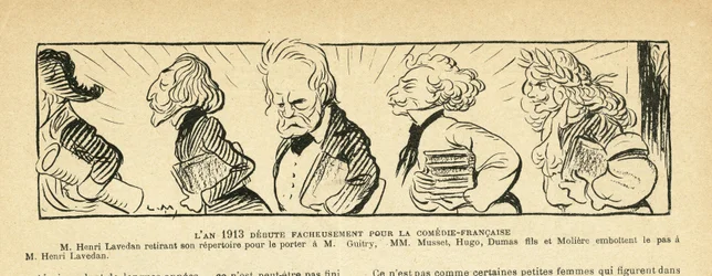 Ilustracja w Le Rire, 04.01.2013 - rok 1913... - Teatr, Comedie francaise - Hugo Victor, Dumas Alexandre (syn), Lavedan Henri (1859-1940), Guitry Sacha, Musset Alfred, Moliere (rycina)