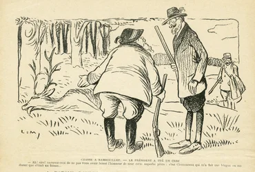 Ilustracja w Le Rire, 12.05.08 - Polowanie w Rambouillet - Roślinność przyrodnicza, Myśliwy, Prezydent Republiki, Rambouillet - Clemenceau Georges, Fallieres Armand (1841-1931), Jeleń