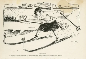 Ilustracja w Le Rire, 24.02.12 - La pax-tineuse - Niemcy Prusy, Sport, Pokój, Narciarstwo, Śnieg, Stosunki francusko-niemieckie, Pierwsza wojna światowa - Marianne - Sport, Alegoria (rycina)