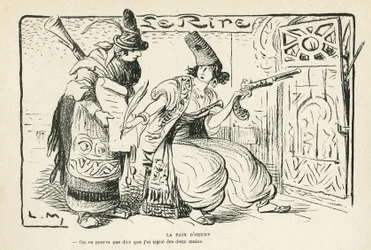 Ilustracja w Le Rire, 26.10.12 - Pokój w Ouchy - Bałkany, Szwajcaria, wojna 14-18, traktat z Lozanny (rycina)
