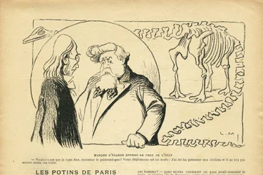 Ilustracja w Le Rire, 27.06.08 - Lekceważenie Głowy Państwa - Prezydenta Republiki, Dinozaur, Paleontologia - Fallieres Armand (1841-1931), Dinozaur, Diplodok (rycina)