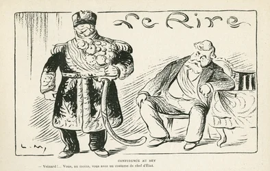 Ilustracja w Le Rire, 27.07.12 - Confidence au bey - Kolonizacja - Fallieres Armand (1813-1941), Naceur Bey (Mohamed el-Naceur Bey) (1855-1922) (rycina)