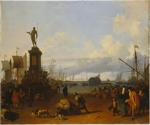 Widok portu w Amsterdamie nad rzeką IJ