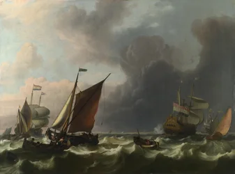 Holenderscy marynarze wojenni i małe statki w rześkim wietrze u wybrzeży Enkhuizen, 1683