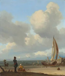 niderlandzki: Zeegezicht met figuren bij een vissersboot op het strand Rozległy pejzaż morski z postaciami przy łodzi na brzegu w pobliżu Huisduinen