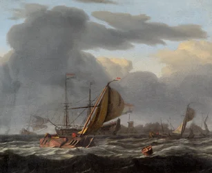 Okręt wojenny na kotwicy na wzburzonym morzu (olej na płótnie)