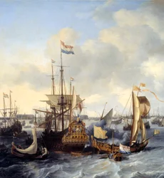 Widok na port w Amsterdamie ze szczegółami. Obraz Ludolfa Backhuysena (1631-1708) 1666 nd. 1,28x2,21 m²