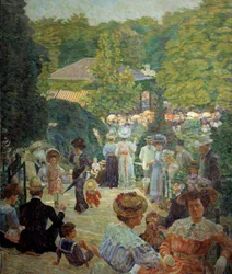 Parc Montsouris z kiosku ma muzykę w 1900 roku. Malarstwo Ludovica Vallee (1864 - 1939)