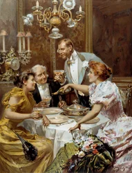 Piękny czas: „”dobra kolacja””” Dwie pary w prywatnym salonie piją szampana. Ilustracja Ludovico Marchetti (1853-1909) 1893 Kolekcja prywatna