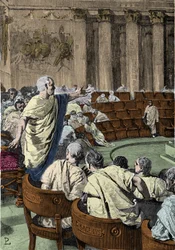 Ciceron potępia spiskowca Katylinę (Lucjusza Sergiusza Katylinę) (108-62 p.n.e.) 7 listopada 63 r. p.n.e., podczas przemówienia pierwszego katylinariusza. Scena rozgrywa się w Rzymie w Senacie, ilustracja autorstwa Pogliaghi