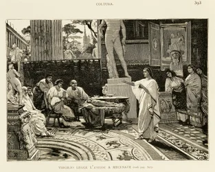 Mecenas słuchający Wergiliusza czytającego Eneidę, ilustracja Lodovico Pogliaghiego (1857-1950) do wczesnej historii Rzymu, Francesco Bertolini (1836-1909), wydanie Fratelli Treves, Mediolan