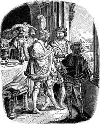 Posiłek Fryderyka I w zamku w Heidelbergu 1462 Ilustracja z Historii narodu niemieckiego autorstwa E. Dullera, 1840