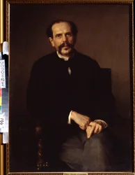 „Portret mężczyzny” Jest ubrany w czarny garnitur i ma na palcu sygnet. Obraz Ludwiga Knausego (1829-1910). Muzeum Sztuk Pięknych im. Iwana Kramskoja (lub Kramskoja) w Woroneżu (Voronezh), Rosja.