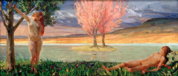 Adam i Ewa w rajskim krajobrazie