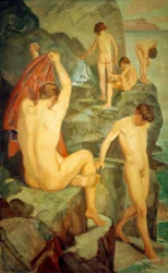 Kąpiący się na czarnej skale