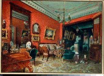 ""Pokój dzienny"" (Salle de sejour) Dwoje dzieci bawiących się w salonie - Akwarela Luigiego Premazziego (1814-1891), ok. 1840 Kolekcja prywatna