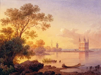 Widok na różowy pawilon (Ozerki) w Peterhofie (Sankt Petersburg). Praca Luigiego Premazziego (1814-1891), akwarela na papierze. XIX-wieczna sztuka włoska, akademizm. Państwowe Muzeum na Wolnym Powietrzu Peterhof, Sankt Petersburg.