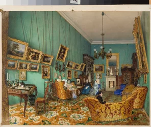Wnętrze salonu. (opis rosyjskiego wystroju i mebli w XIX wieku). Praca Luigi Premazzi (1814-1891), akwarela na papierze