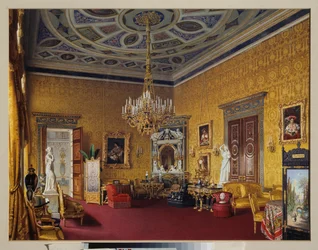 Sala Lyons (Żółta Sala Rysunkowa) Wielkiego Pałacu Carskiego Sioła (Rosja). Praca Luigi Premazzi (1814-1891), akwarela na papierze