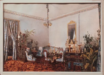 Salon w Domu Varvary Obreskovej. Praca Luigi Premazzi (1814-1891), akwarela na papierze