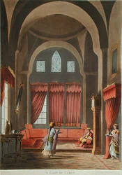 Dama z Kairu, z „Widoki w Egipcie, z oryginalnych rysunków w posiadaniu sir Roberta Ainslie”, opublikowana 1802 (kolor lito)