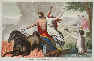 Cyane and the Rape of Prozerpina lub Ciane Transformata in Fonte, księga V, ilustracja z Metamorfoz Owidiusza, Florencja, 1832 (rycina ręcznie kolorowana)
