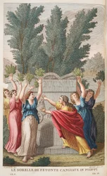Heliady do drzew, które dają bursztyn lub Le Sorrelle die Fetonte Cangiate in Pioppi, ilustracja z Metamorfoz Owidiusza, Florencja, 1832 (rycina ręcznie kolorowana)