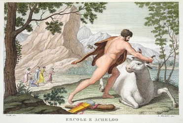 Herkules i Achelous lub Ercole e Acheloo, Księga IX, ilustracja z Metamorfoz Owidiusza, Florencja, 1832 (rycina ręcznie kolorowana)
