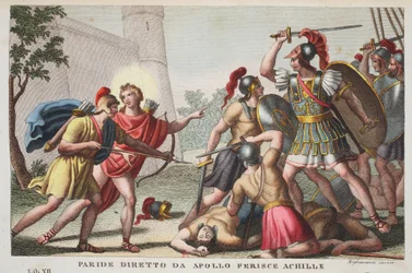 Parys zabija Achillesa albo Parys, prowadzony przez Apollina, rani Achillesa, księga XIII, ilustracja z Metamorfoz Owidiusza, Florencja, 1832