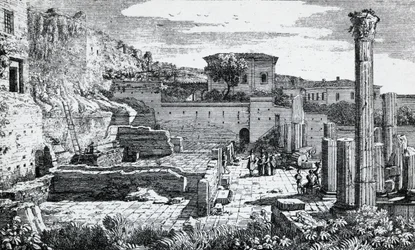 Ruiny świątyni Wespazjana w Brescii, rycina Louisa Basilettiego (1780-1860), Włochy