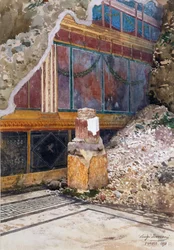 Dom Srebrnego Wesela, uszkodzony fresk z girlandami, widziany in situ podczas wykopalisk, Pompeje, 1897